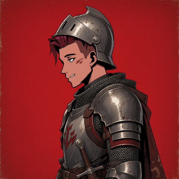 An anime-style profile illustration of a knight with magenta hair, wearing a metal helmet and armor with a red emblem, set against a red background.