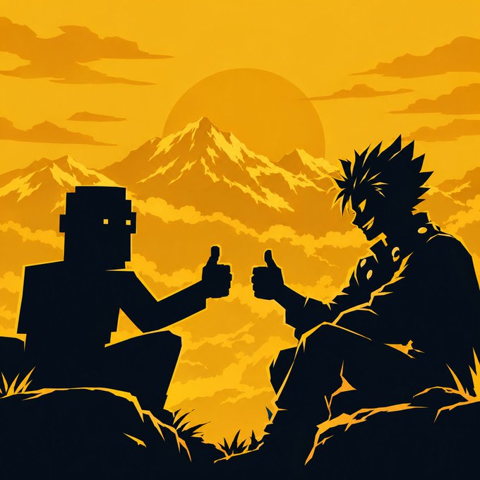 A yellow-toned silhouette illustration of two characters (one blocky, one spiky-haired) sitting and giving thumbs up against a mountain sunset backdrop.