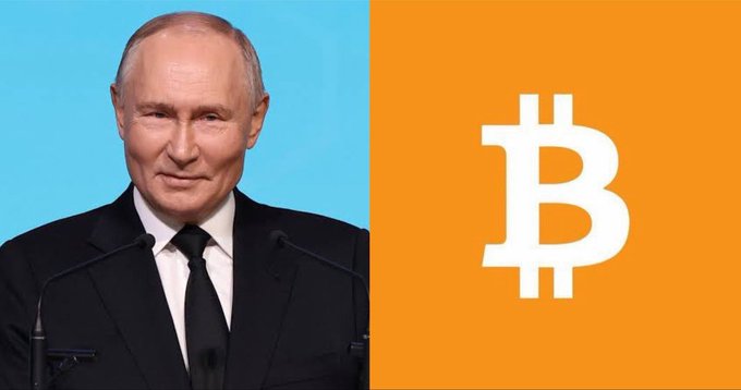 The image shows Russian President Putin alongside the Bitcoin logo, suggesting a new law regulating cryptocurrency in Russia.