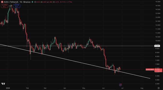 The image shows a 1-day candlestick chart of AVAX/USDT on Binance, displaying a downtrend from approximately $14,500 highs in early 2026 down through key support levels, with AVAX currently trading around $6.319 (-1.77%) and the price action breaking below a descending trendline support. The chart visually reinforces the post's warning that AVAX has broken long-term support near $9 and is now sitting at the critical $6 zone, which if lost could trigger a sharp decline similar to DOT's recent drop.