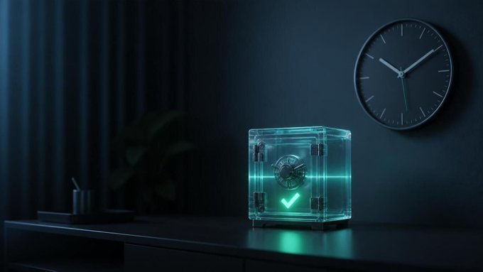 A glowing glass cube with a green checkmark sits on a desk in a dimly lit room next to a black wall clock.