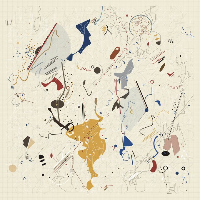 An abstract composition with scattered dots, lines, and colorful organic shapes in blue, mustard, red, and gray on a cream background.