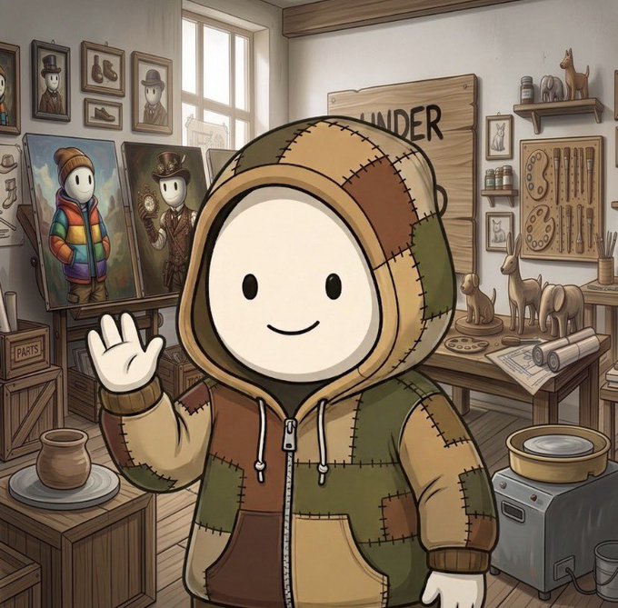 An illustration of a character wearing a patchwork hooded jacket waving, standing in a workshop filled with paintings, wooden crafts, and tools.
