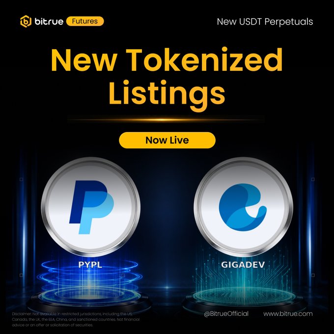 Bitrue Futures announces the launch of two new USDT Perpetual contracts—**$PYPLUSDT** (PayPal) and **$GIGADEVUSDT** (GigaDevice)—now live for trading with up to 20× leverage. The promotional graphic highlights the "New Tokenized Listings" with the respective token logos displayed on glowing pedestals against a dark background.