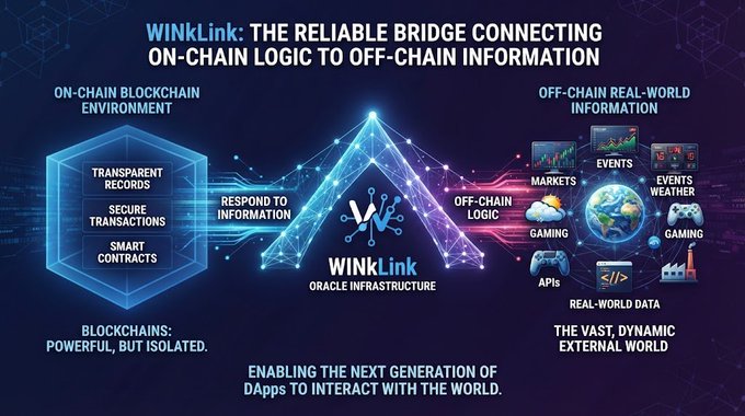 An infographic titled 'WINkLink: THE RELIABLE BRIDGE CONNECTING ON-CHAIN LOGIC TO OFF-CHAIN INFORMATION,' depicting blockchain components like smart contracts connecting to real-world data such as markets and weather.