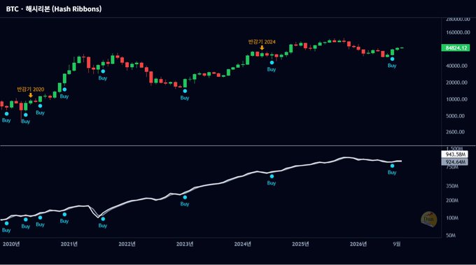 A dark-themed Bitcoin (BTC) Hash Ribbon chart in Korean showing the BTC price around 94,824.63 with multiple 'Buy' signal markers across 2020-2025.