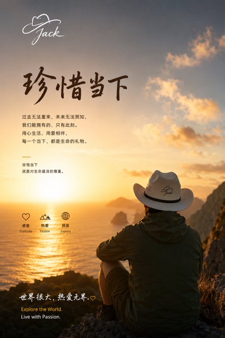 A motivational poster featuring a person in a cowboy hat sitting on a cliff overlooking the ocean at sunset, with Chinese text reading "珍惜当下" (Cherish the Present) and the English phrases "Explore the World" and "Live with Passion."