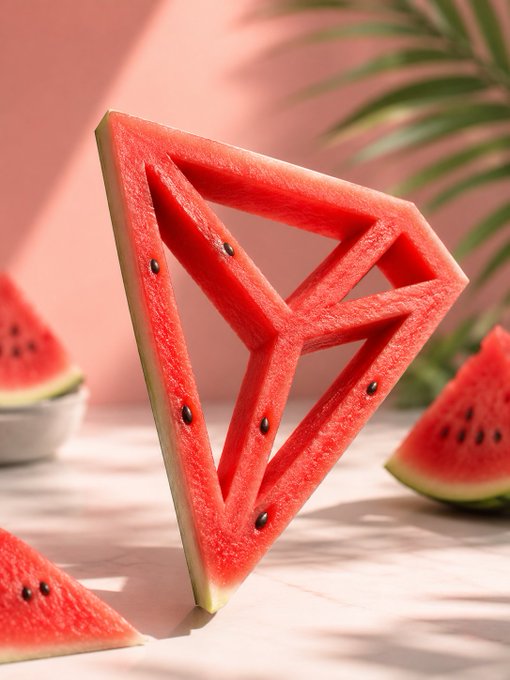 A geometric watermelon carved into a triangular A-shape, with its carved-out interior revealing black seeds that subtly form the letter "A." The natural A-frame mirrors AINFT's emphasis on building foundational value, while the ripe watermelon symbolizes the sweet, sustainable rewards from token burns, staking, and expanding DeFi utility.