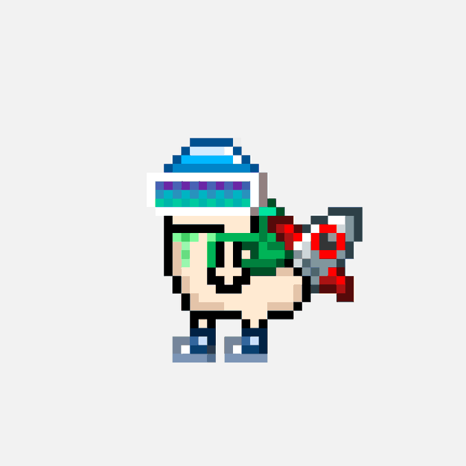 Pixel art character with green hair wearing a blue and white winter hat, holding a red and gray weapon on a white background.