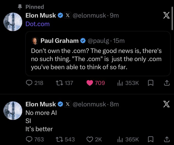A screenshot of X posts shows Elon Musk's pinned tweet reading 'Dot.com' quoting Paul Graham's tweet 'Don't own the .com? The good news is, there's no such thing. "The .com" is just the only .com you've been able to think of so far,' followed by another Musk post saying 'No more AI / SI / It's better.'