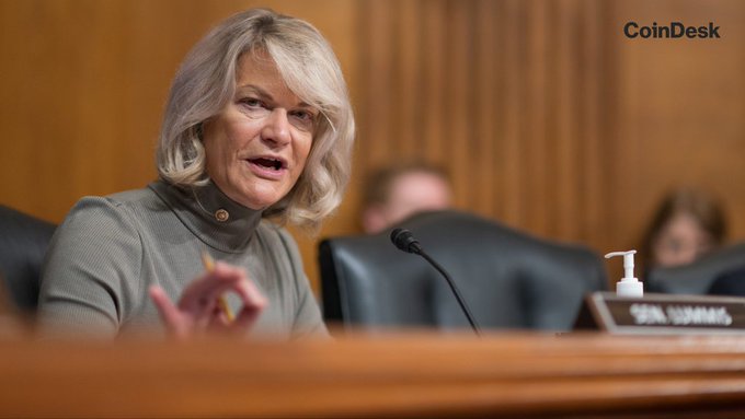 Senator Cynthia Lummis, identified by the nameplate on the dais, speaks during a Senate hearing as the CLARITY Act faces an uncertain path with its 60-vote procedural hurdle in doubt. The image accompanies news that Senate Republicans have rejected a last-minute Democratic counterproposal on the crypto market structure legislation.