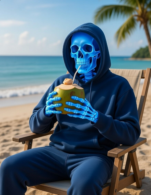 A blue skeletal figure in a hoodie relaxes on a beach chair sipping from a fresh coconut, embodying the laid-back weekend vibe of "GM famssss" while subtly symbolizing the calm before mainnet launch. The tropical setting and chill pose reflect the post's anticipation of @CNPYNetwork's infrastructure catching up to AI innovation in web3.