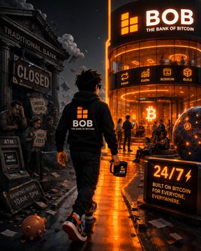 The image features a young boy walking down a street, carrying a coffee cup. The scene takes place outside of a bank building that has a sign for "Bob" on its facade. There are several other people visible in the background as well. A small orange piggy bank is also present near the center of the image.