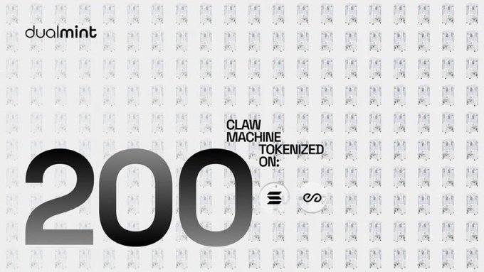 A digital advertisement displays 'dualmint', 'CLAW MACHINE TOKENIZED ON:', and a large number '200' against a background of repeating gashapon machine graphics.