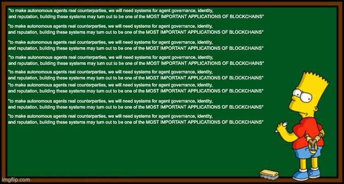 A green chalkboard displays a list of rules for automated agents, including the importance of making autonomous systems and building real-world counterparties.