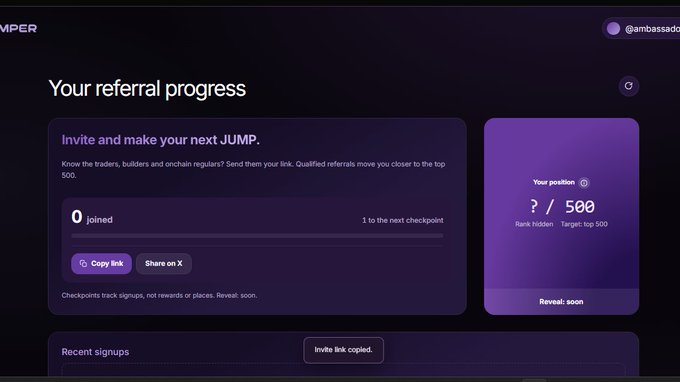 A referral progress dashboard showing '0 Joined' users and a 'Your position' counter at '? / 500', targeting the top 500 rank holders, with 'Invite link copied' notification visible.