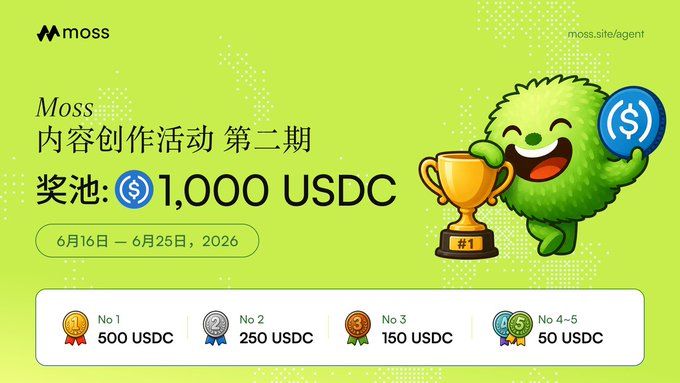 The image shows a green background with Chinese characters on it, likely in an announcement or informational poster related to Moss. The text states that for every USDC contribution or sale made during a specific date range, the user will receive a medal. There are eight medals displayed on this screen, indicating that there is a prize for each donated amount of USDC. Additionally, there are five coins shown, possibly being used as incentives or rewards in the campaign to raise funds through donations and sales. The overall theme suggests an effort to raise money by promoting user engagement with the platform, which could be Moss.