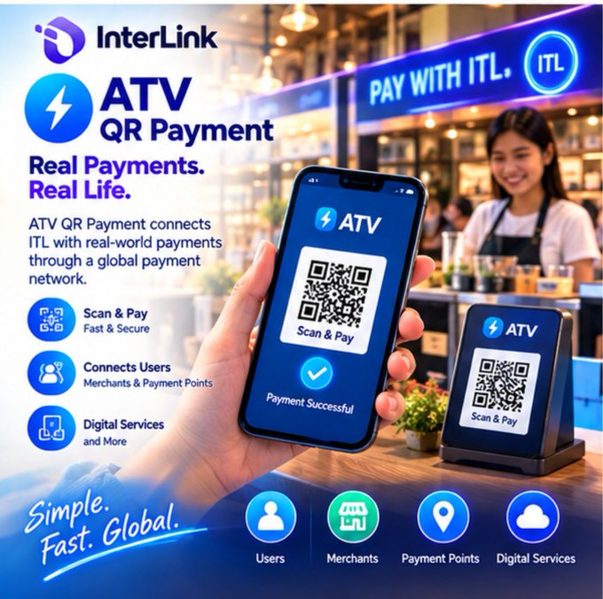 A promotional graphic for 'InterLink' featuring 'ATV QR Payment', showing a smartphone scanning a QR code at a cafe counter, with text emphasizing 'Real Payments. Real Life.' and 'Simple. Fast. Global.'