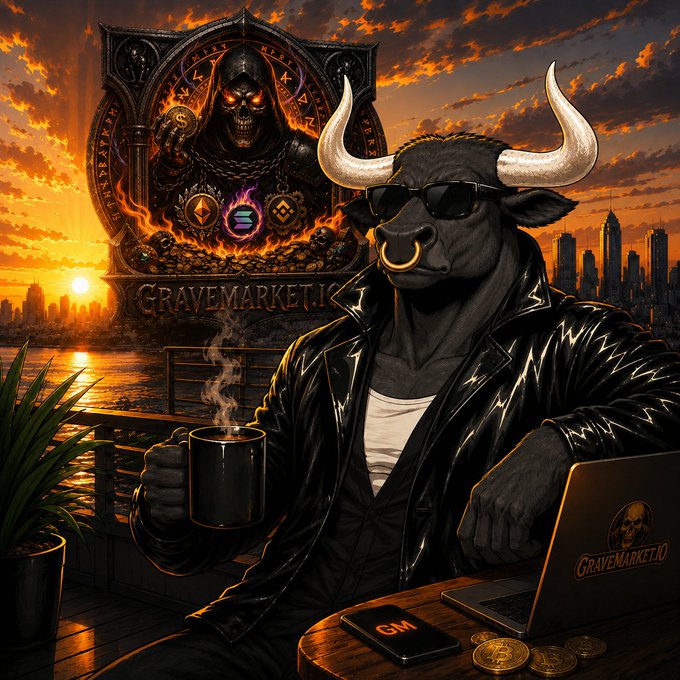 A promotional image for 'GRAVEMARKET.IO' featuring an anthropomorphic bull wearing sunglasses and a leather jacket, sitting at a desk with a laptop and coffee mug, with a fiery skull emblem and city skyline in the background.