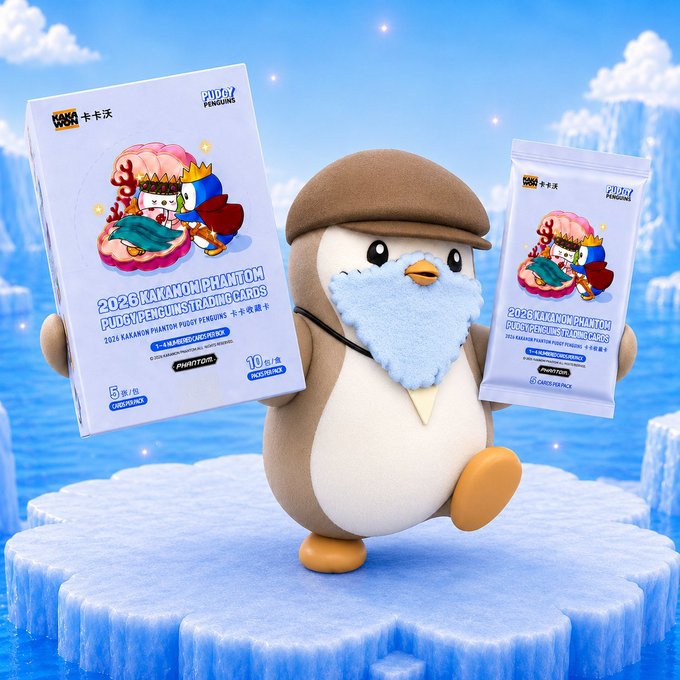 A plush penguin mascot holding boxes of '2026 KAKANON PHANTOM PUDGY PENGUINS TRADING CARDS' in a wintery ice scene, featuring the Kakamon character design.
