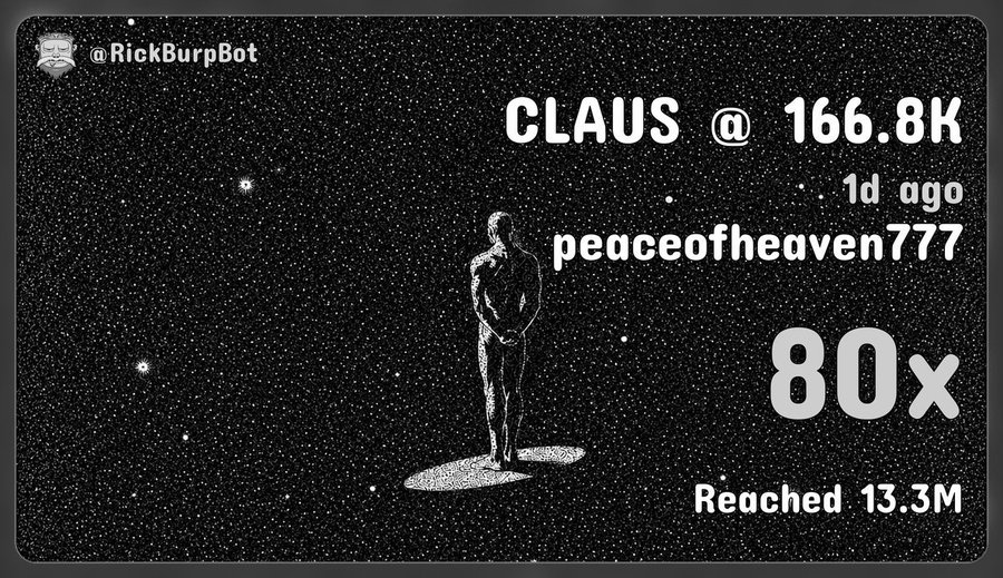 A starry graphic with a silhouette statue announcing a buy of 'CLAUS @ 166.8K' by user 'peaceofheaven777' for 13.3M, an 80x return, from @RickBurpBot.