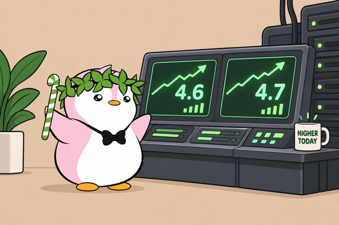 A cartoon illustration of a pink penguin wearing a bow tie and a leaf crown holding a candy cane, standing next to monitors showing rising graphs at 4.6 and 4.7, with a 'HIGHER TODAY' mug.