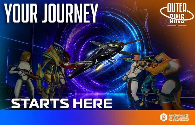 A promotional image for the video game 'Outer Ring' featuring space-themed characters and a spaceship, with the text 'YOUR JOURNEY STARTS HERE' and the Soredi Games logo.