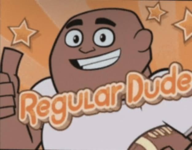 An animated illustration of a smiling bald cartoon character giving a thumbs-up, with the text 'Regular Dude' in orange letters across an orange starry background.