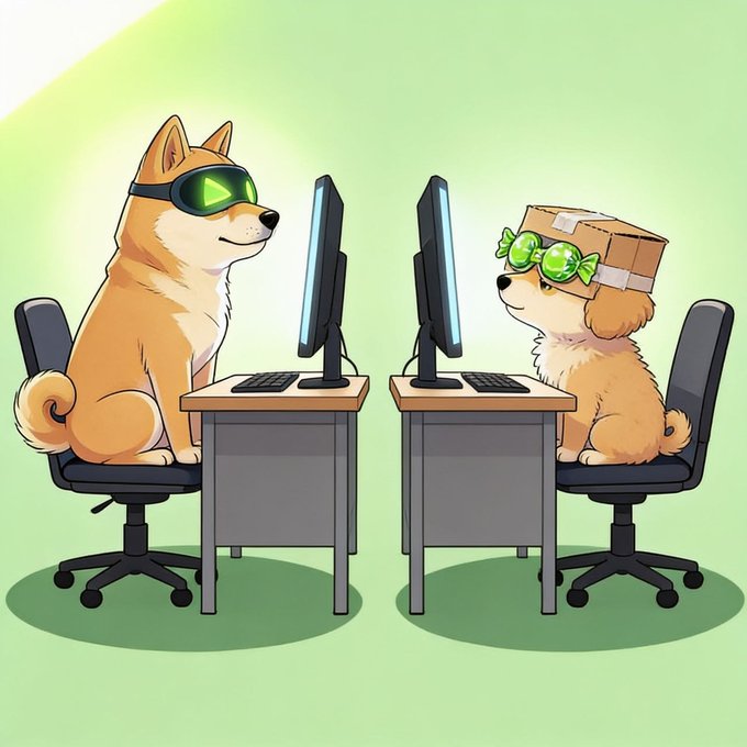 A cartoon illustration of two Shiba Inu dogs wearing sunglasses sitting at computer desks facing each other, one wearing a cardboard box as a hat with green glasses.
