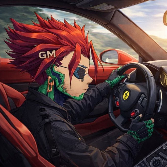 An anime-style digital artwork of a red-haired character with 'GM' text, wearing sunglasses and cyberpunk gloves, driving a Ferrari with the iconic prancing horse logo visible on the steering wheel.