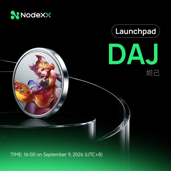 A promotional graphic for NodeXX's Launchpad event featuring "DAJ" (妲己/Daji), with a stylized fox character displayed on a coin, announcing the subscription start at 16:00 on September 9, 2026 (UTC+8) using an oversubscription model.