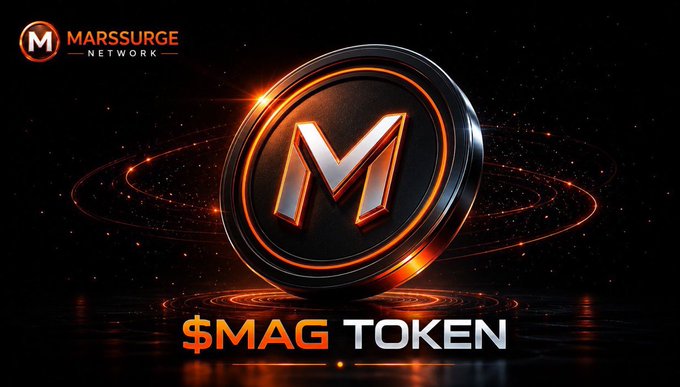 Promotional image for the $MAG Token by MarsSurge Network, displaying a 3D rendered 'M' logo on a metallic coin with glowing orange accents.