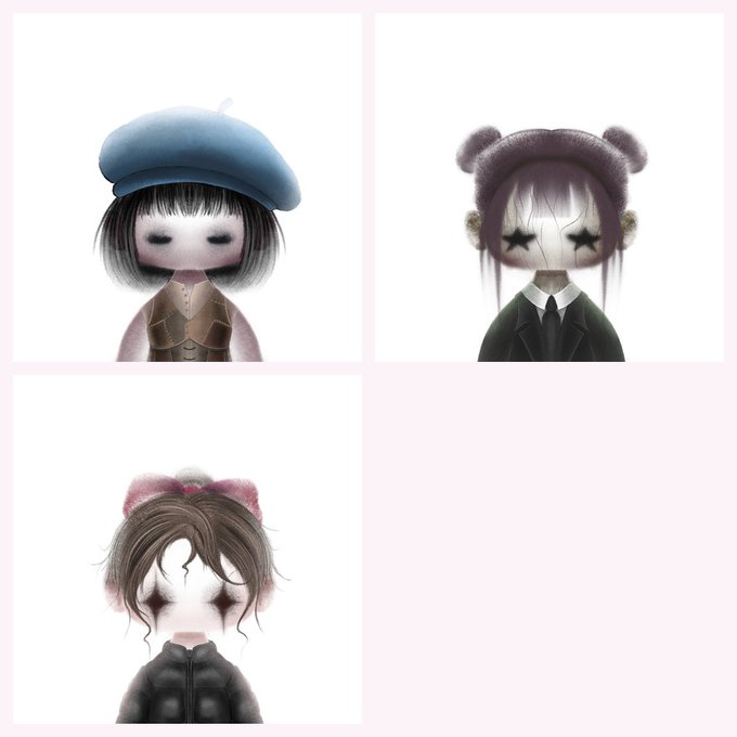 Three stylized, doll-like figures with closed eyes and star-shaped marks are shown: one wearing a blue beret and brown vest, another in a purple bear-eared hat with a dark suit, and a third in a hooded jacket.