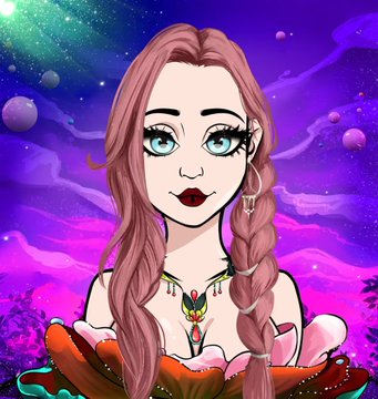 A cartoon-style portrait of a pink-haired girl with braids and large blue eyes, sitting in a large flower against a vibrant purple cosmic backdrop.