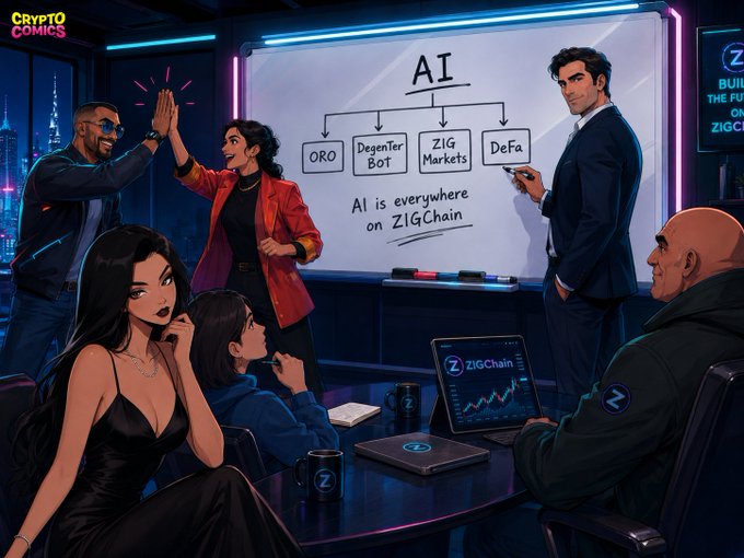 The image features a group of people gathered around a table, with one person standing up and giving a presentation about AI. The room has a futuristic atmosphere, likely representing a tech-themed event or convention. There are at least six individuals present, including two women sitting on chairs and three men standing in front of the whiteboard.

The whiteboard displays information related to AI, specifically mentioning that "AI is no more just a narrative within crypto @ZIGChain is proving this!". The people seem engaged in the discussion or presentation, with some participants raising their hands as if they are actively participating in the conversation.