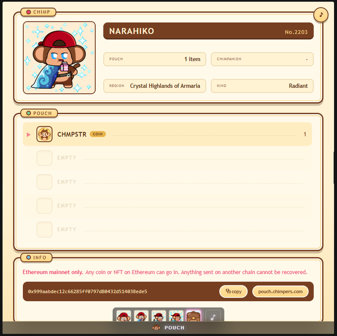 A digital profile interface for a character named 'NARAHIKO' (No.2203), categorized as 'CHIMP' from the 'Crystal Highlands of Armaria', showing a pouch containing one 'CHIMPSTR' coin and an Ethereum address.