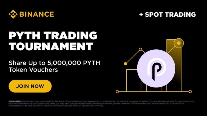 A Binance promotional banner for the 'PYTH TRADING TOURNAMENT' featuring '+ SPOT TRADING' and 'Share Up to 5,000,000 PYTH Token Vouchers' with a 'JOIN NOW' button and a graphic of the Pyth logo.