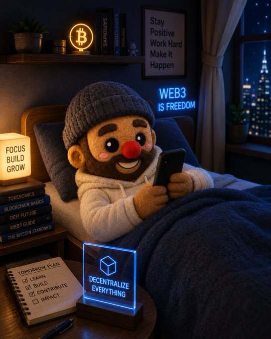 A stuffed toy character with a red clown nose and knit hat sits in bed looking at a phone, surrounded by crypto and Web3 themed items including a Bitcoin logo, books like 'BLOCKCHAIN BASICS' and 'DEFI FUTURE', neon signs 'FOCUS BUILD GROW' and 'DECENTRALIZE EVERYTHING', and a notebook titled 'TOMORROW PLAN'.