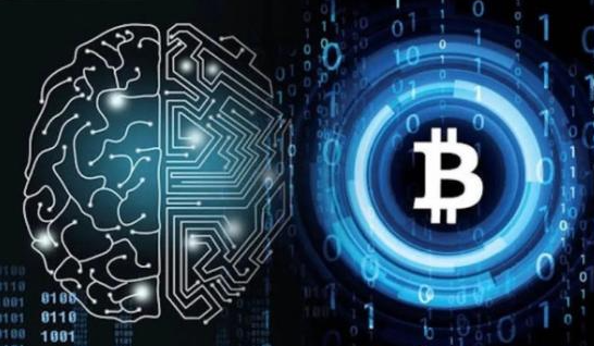 A digital illustration showing a glowing blue brain composed of circuit board patterns alongside the Bitcoin "₿" symbol set against a backdrop of falling binary code. The image visually represents the connection between AI technology and cryptocurrency, complementing CZ's observation about capital rotating from the AI sector back into crypto markets.