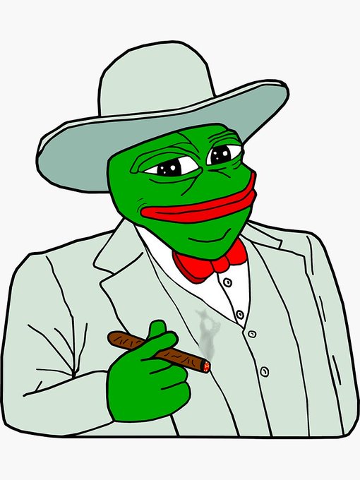 A green Pepe the Frog character dressed in a classy gray suit, wide-brimmed hat, and red bow tie, while smoking a cigar and giving a thumbs up. The image perfectly embodies the confident, wealthy "Pepe the Boss" persona often associated with the $PEPE meme coin culture.