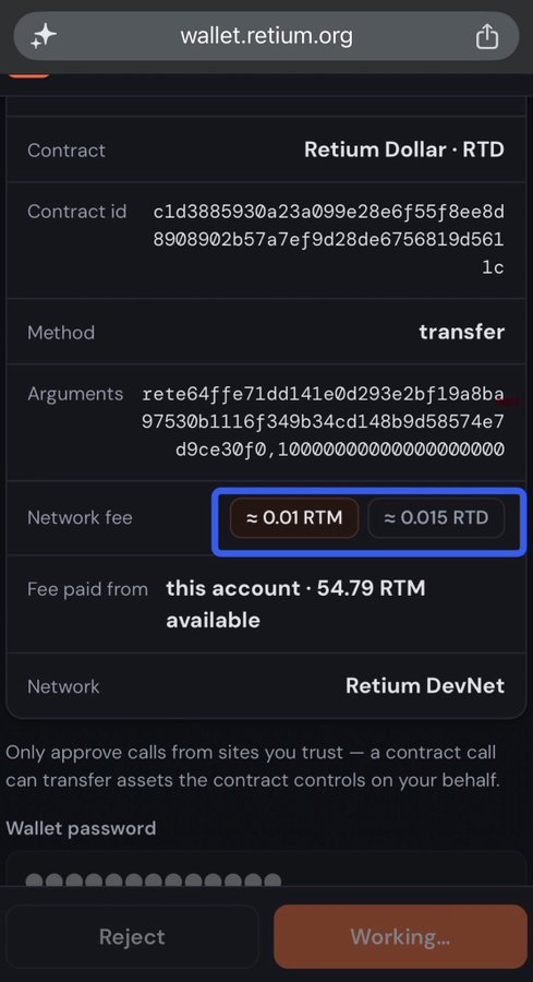 A wallet.retium.org contract confirmation screen for transferring Retium Dollar (RTD), showing a network fee of approximately 0.01 RTM (0.015 RTD) on the Retium DevNet, with options to Reject or confirm.