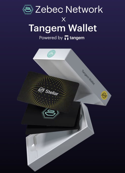 A promotional graphic for "Zebec Network x Tangem Wallet Powered by tangem" displays black Zebec and Stellar-branded cards emerging from white packaging.
