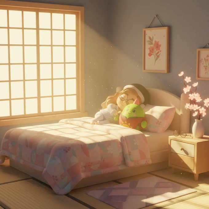 A cozy 3D-rendered illustration of a sleeping girl in a sunlit bedroom hugging a green plush toy, with cherry blossoms in a vase on a bedside table.
