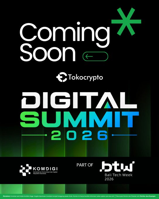 A dark promotional poster announces "Coming Soon" Tokocrypto Digital Summit 2026, part of Komdigi and Bali Tech Week 2026, featuring bold white and gradient blue-green typography. The teaser aligns with the post's announcement of the event taking place on October 19, 2026 in Bali, highlighting upcoming discussions on Indonesia's digital and crypto asset industries.