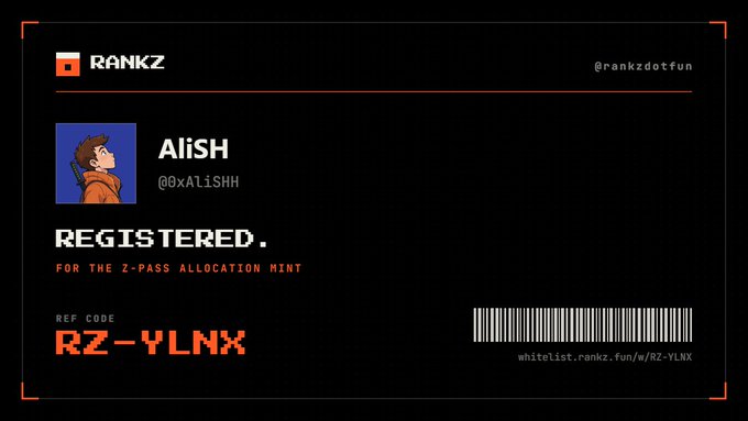 A digital registration card with a pixel-art avatar shows 'AliSH' (@0xAliSH) registered for the RANKZ Z-Pass Allocation Mint, featuring ref code 'RZ-YLNX' and a barcode.
