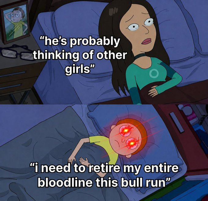 Two-panel Morty meme: a woman in bed thinks 'he's probably thinking of other girls' while Morty lies beside her with glowing laser eyes declaring 'i need to retire my entire bloodline this bull run'.