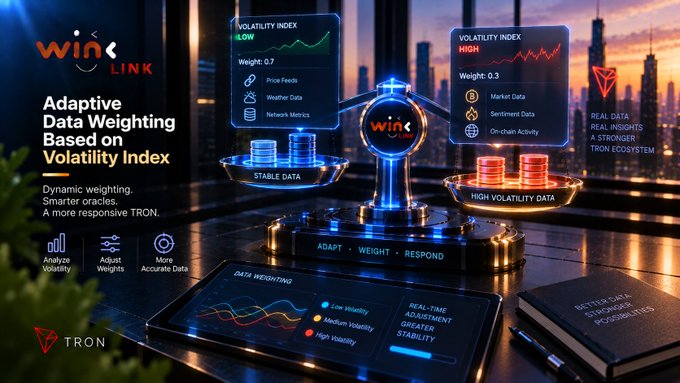 A promotional graphic for "WinkLink" featuring "Adaptive Data Weighting Based on Volatility Index" with references to "VOLATILITY INDEX LOW" and "HIGH," a scale showing "STABLE DATA" and "HIGH VOLATILITY DATA," and "TRON" branding.