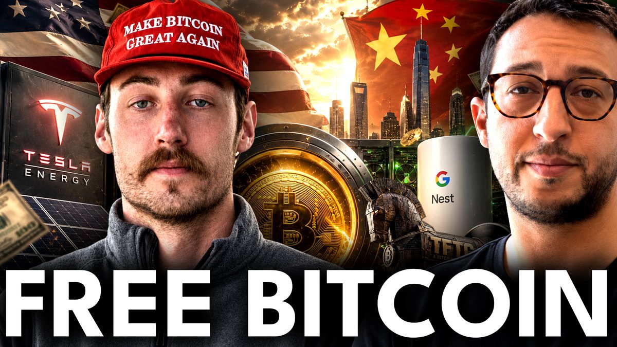 A promotional thumbnail for a "TFTC" podcast episode featuring Tyler Stevens and Tronsington, showing two men alongside Bitcoin imagery, a "Make Bitcoin Great Again" hat, a Chinese flag, and references to Tesla Energy and Google Nest—with the headline "FREE BITCOIN" supporting the discussion about non-KYC Bitcoin stacking and earning sats through solar heating setups.
