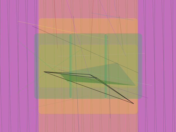 An abstract geometric composition with translucent overlapping rectangles in purple, pink, yellow, and green tones, intersected by thin vertical lines and dark angular shapes.