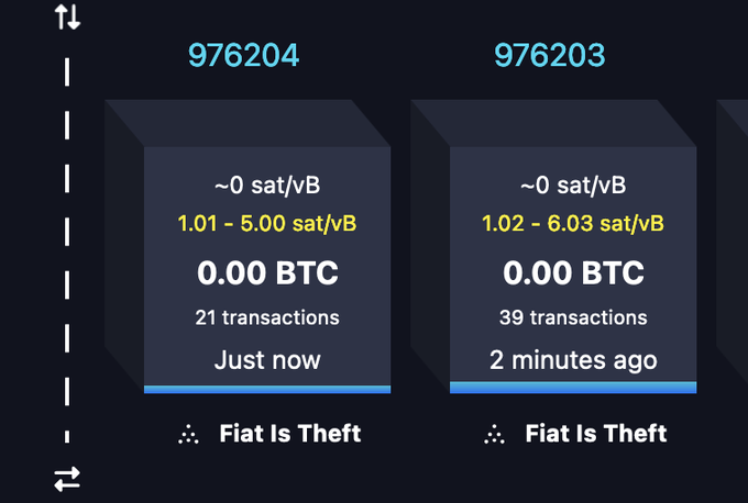 A Bitcoin block information display showing block numbers 976204 and 976203, with details including fee rates, 0.00 BTC rewards, transaction counts, and the mining pool 'Fiat Is Theft'.
